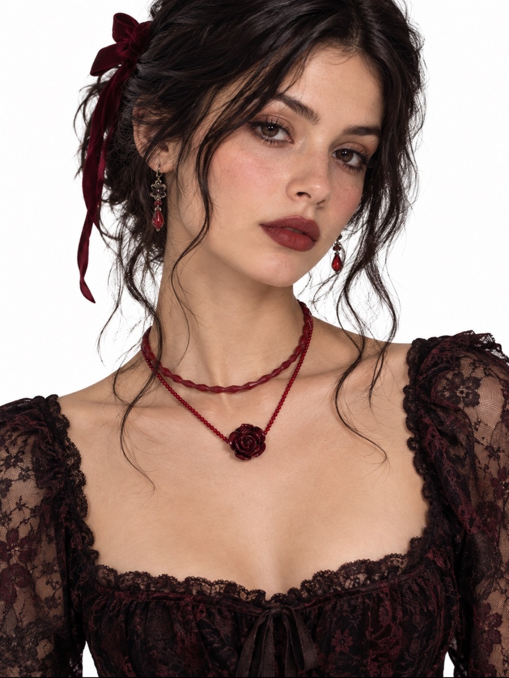 Red Rose Beaded Pendant Double Layer Necklace - Jewelry